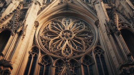Obraz premium medieval cathedral facade with pointed arches, flying buttresses, and a large central rose window,