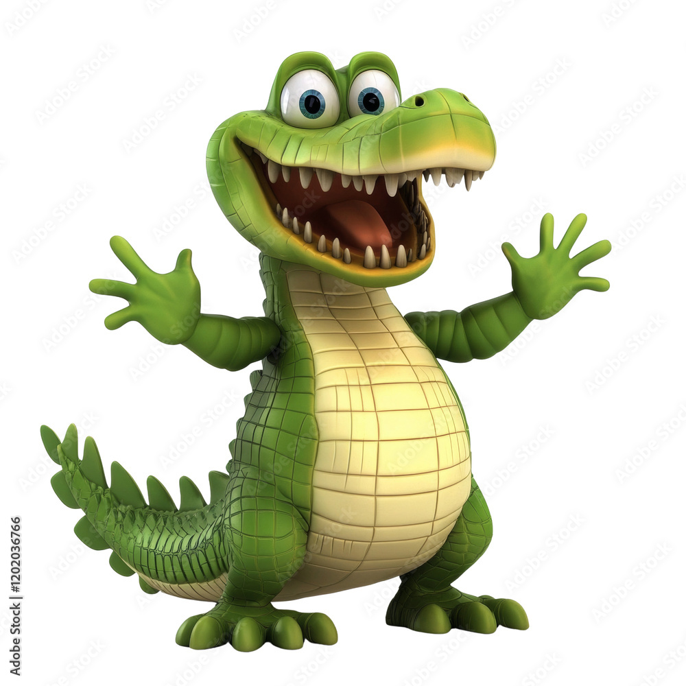 Poster a friendly green cartoon crocodile smiles broadly and welcomes viewers with outstretched arms in a 3