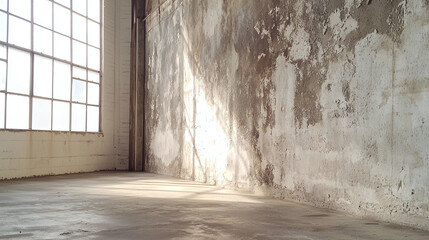 Fototapeta premium rustic concrete loft wall with aged grains and natural light streaming through large windows creates serene atmosphere. textured surface adds character to space