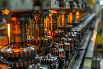 Close-up of industrial machinery with gears and shafts, showcasing engineering and manufacturing processes.