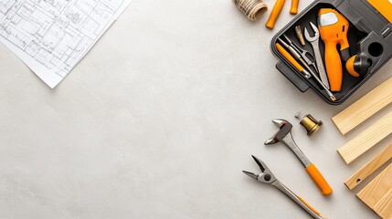 Tools including screwdriver bits and wood dowels are organized in a toolkit, accompanied by construction blueprints on a flat surface