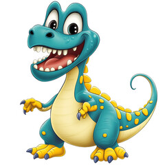 Obraz premium A cheerful cartoon dinosaur with teal skin and yellow accents smiles broadly, showcasing playful features.