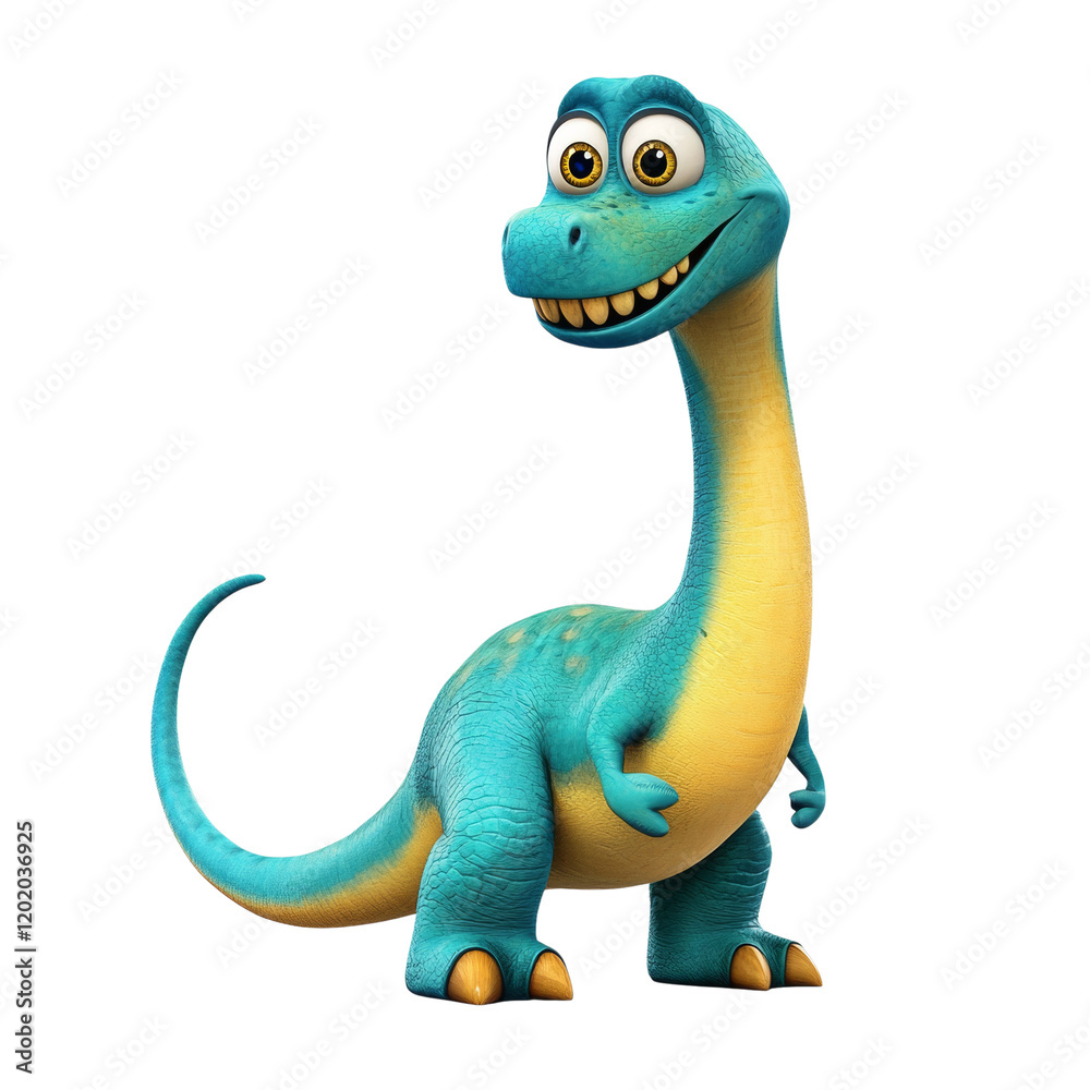 Poster a digitally rendered image of a friendly cartoon dinosaur standing against a white background.