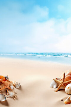 Beach Scene with Starfish and Seashells on Sandy Shoreline Under Blue Sky