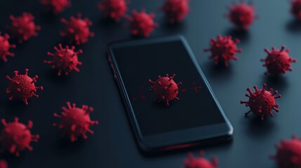 A smartphone surrounded by red virus models, symbolizing the impact of technology on health and the spread of infections.
