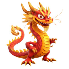 Fototapeta premium A digitally rendered image of a friendly cartoon Chinese dragon with red and gold scales.