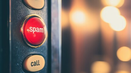 A close-up of an elevator control panel featuring a prominent red "Spam" button and a yellow "Call" button, set against a blurred background of lights.