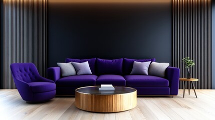 This image features a sophisticated living room with rich purple upholstery, modern furniture design, and stylish decor elements, creating a cozy yet elegant ambiance.
