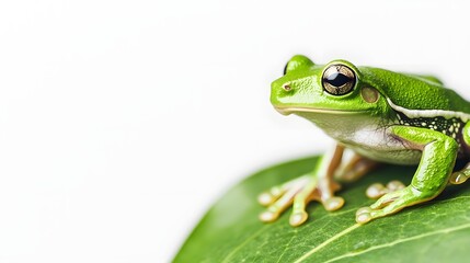 Obraz premium Bright Green Tree Frog Perched on Vibrant Leaf Against White Background