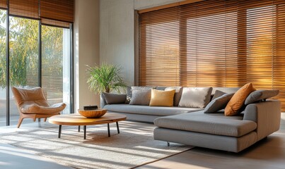 Fototapeta premium Modern Living Room with Cozy Sofa, Wooden Blinds, Comforting Decor, and Natural Light Emphasizing a Relaxing Atmosphere in a Contemporary Home Setting