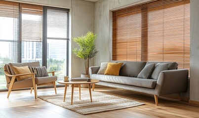 Fototapeta premium Modern Living Room with Stylish Furniture, Warm Natural Light, Indoor Plants, and a Cozy Atmosphere Perfect for Relaxation and Contemporary Home Design