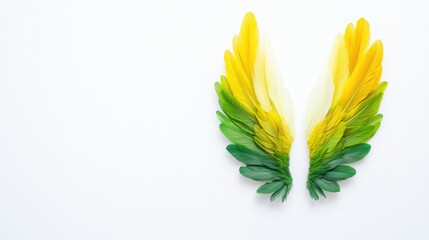 A vibrant pair of wings made from yellow and green leaves, set against a clean white background, symbolizing nature and freedom.
