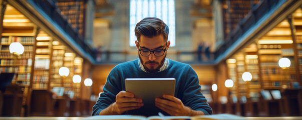 Graduate conducting research on company data in a library during afternoon study hours