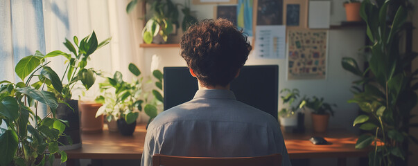Recent graduate tidying workspace with plants and computer in a bright, organized home office setting