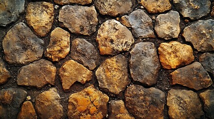 Fototapeta premium Stone paved pathway, close-up, earthy tones, blurred background