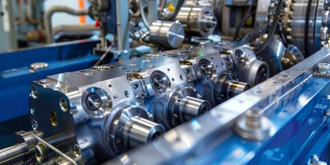 Close-up of precision-engineered mechanical components used in industrial machinery.