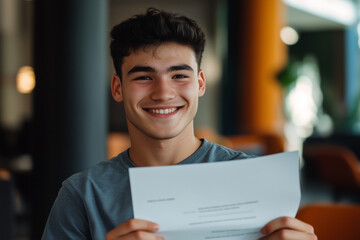 Fototapeta premium Young man smiles while holding letter in a cozy cafe, expressing excitement about good news received