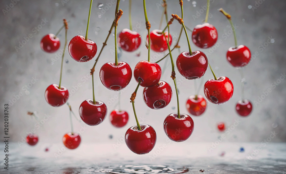 Aufkleber a bunch of cherries hanging from a tree branch. the cherries are red and appear to be dripping water