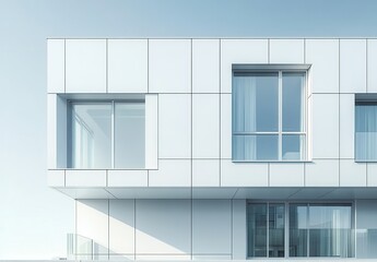 Modern Minimalist Architectural Design Featuring Clean Lines and Bright White Facade with Large Windows Against a Clear Sky Background
