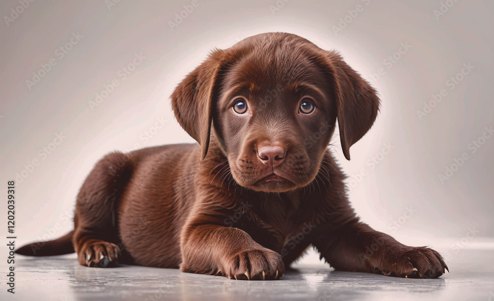 Poster a brown puppy is laying on the ground with its eyes closed. the puppy appears to be relaxed and cont