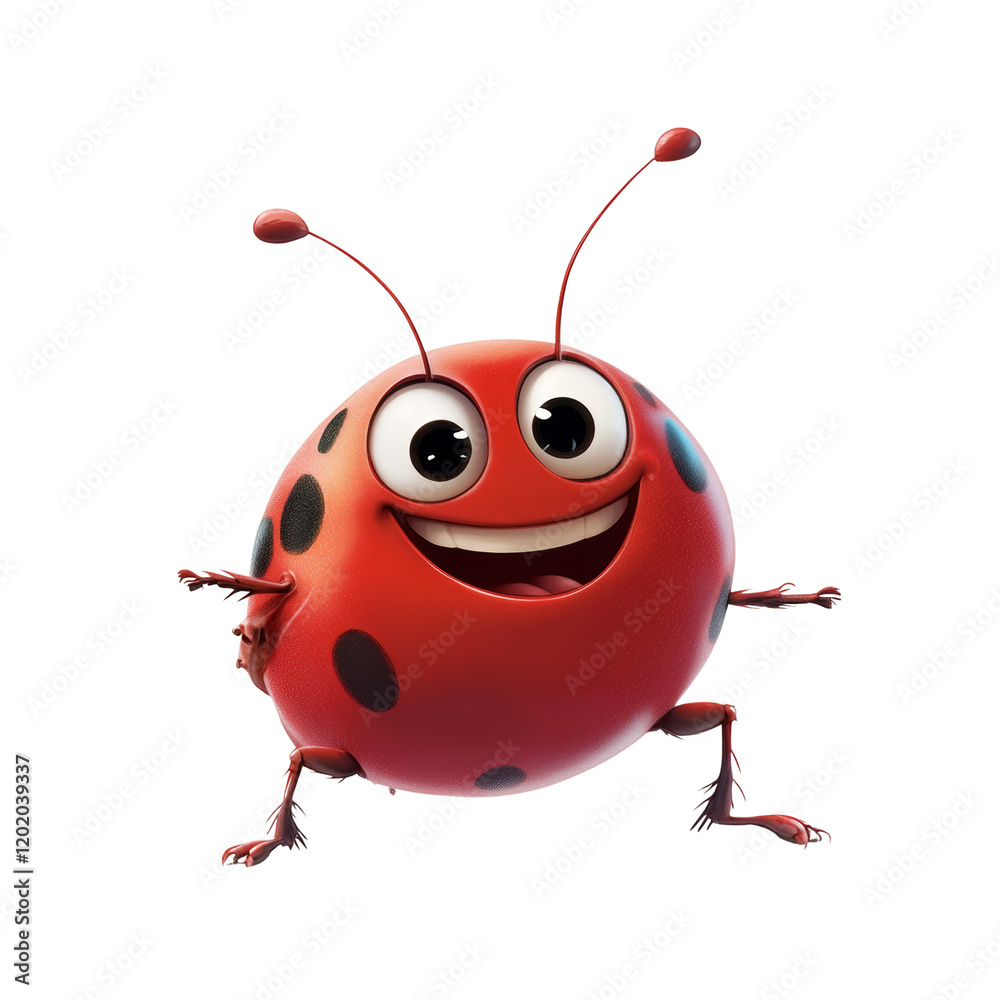 Poster this image shows a cheerful 3d rendered cartoon ladybug with a big smile, posing against a white bac