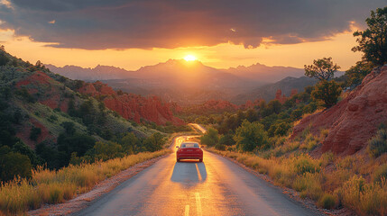 Red car on a scenic mountain road at sunset