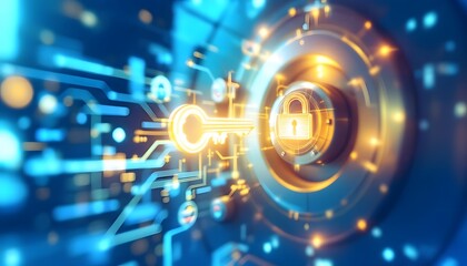 Digital Key: Abstract Cyber Security Network, Glowing Circuits, Padlock