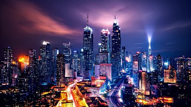 A drone shoot city at night view with skyline and neon color sunset background 4k