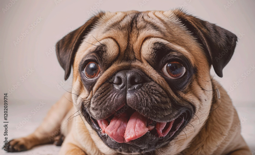 Poster a pug dog is laying on the ground with its tongue out and its mouth open. the dog has a big smile on