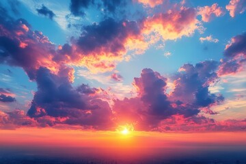 Fototapeta premium breathtaking panoramic sunset sky showcasing an array of vivid hues - blues, purples, oranges, reds, and yellows blending harmoniously, radiating peaceful and uplifting vibes