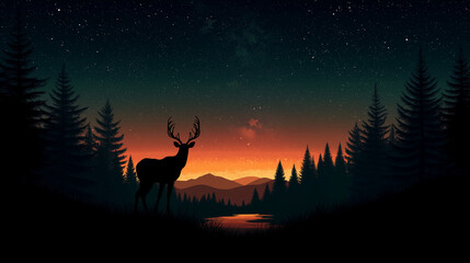 Waldlandschaft mit einem majestätischen Reh im Dämmerlicht

