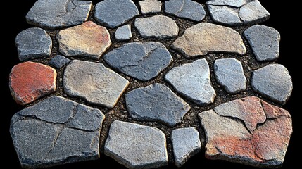 Fototapeta premium Stone path top view, irregular rocks, dirt background, paving use