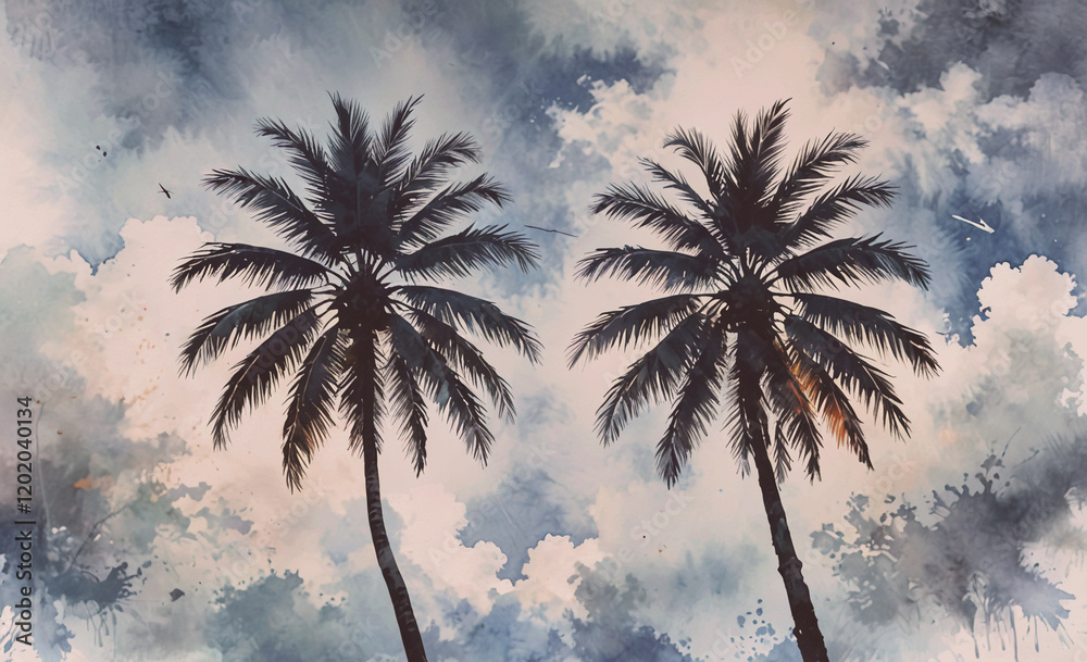 Aufkleber two palm trees are silhouetted against a cloudy sky. the sky is a mix of blue and gray, with some wh