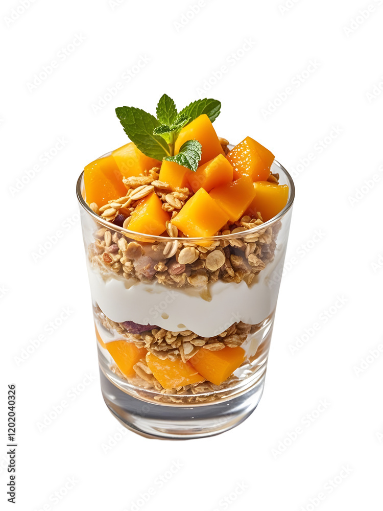 Wall mural Layered yogurt parfait, Glass cup, Fresh diced peaches, Crunchy granola, Creamy white yogurt,