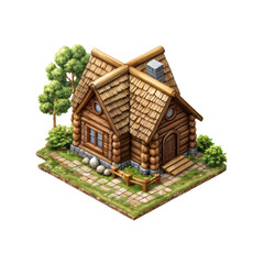 Charming Log Cabin:  A cozy and rustic log cabin with a thatched roof and a charming stone path leading to its door.  The house is surrounded by lush greenery.