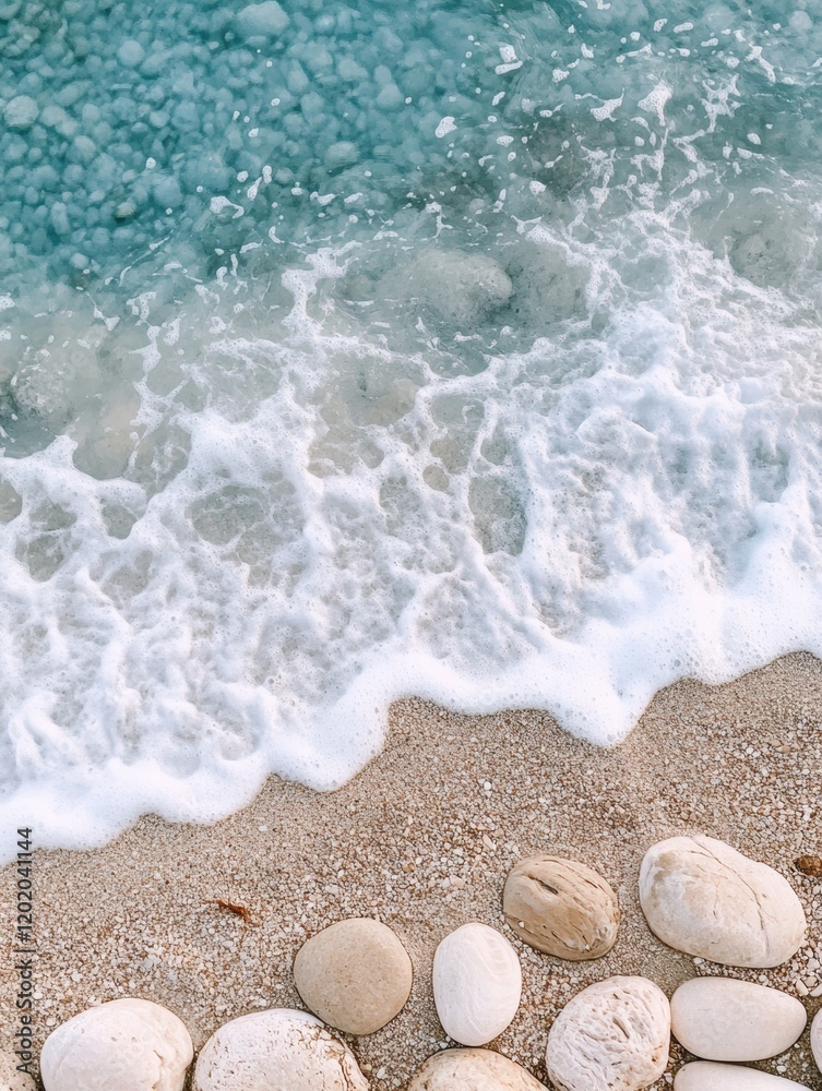 Poster close up view of smooth beach pebbles with gentle waves washing over them on a tranquil shoreline. g