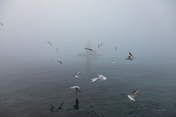Foggy Maiden's Tower (Kiz Kulesi) Drone Photo, Uskudar Istanbul, Turkiye (Turkey)
