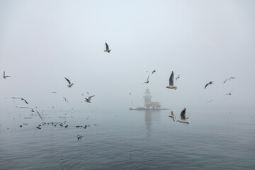 Foggy Maiden's Tower (Kiz Kulesi) Drone Photo, Uskudar Istanbul, Turkiye (Turkey)