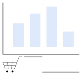 Bar graph with four vertical bars and a shopping cart signifying e-commerce analytics, business growth, consumer trends, and economic performance. Ideal for sales, retail metrics, market analysis
