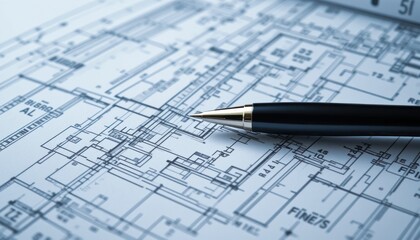 Architect reviewing blueprints, pen on detailed plan, office background