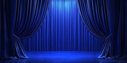 Fototapeta premium An inviting blue curtain backdrop fills the empty stage.