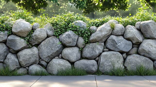 Stone wall with greenery in park, sunny background, ideal for landscaping