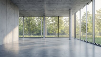Fototapeta premium Modern Minimalist Interior Space with Large Windows Overlooking Lush Greenery for Contemporary Design and Architectural Inspiration
