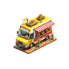 Yellow Food Truck:  A vibrant yellow food truck with a red and white striped awning is parked on a rustic cobblestone street, ready to serve delicious treats.