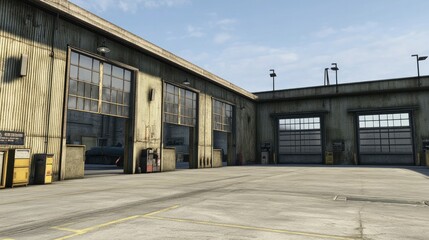 Rugged industrial warehouse design with broad windows, heavy-duty doors, and a sleek functional layout