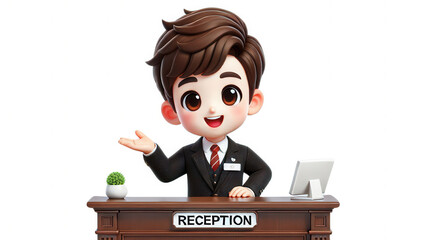 Friendly receptionist welcoming guests at hotel reception desk cozy environment cartoon style