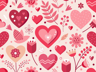 Valentine's Day pattern with hearts and flowers in a whimsical pink and red design