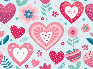 Valentine's Day pattern with hearts and flowers in a whimsical pink and red design