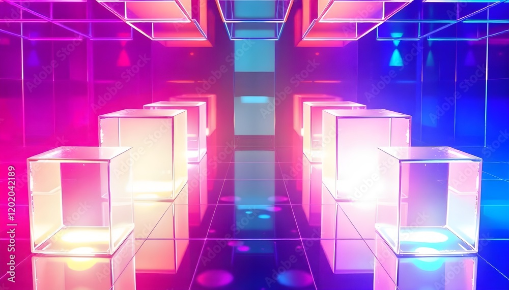 Leinwandbilder An abstract 3D background wallpaper featuring glass squares illuminated with colorful light emitters, creating an iridescent neon holographic gradient effect