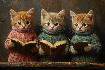  Three cute kittens dressed in wool sweater reading books together. Love for reading concept
